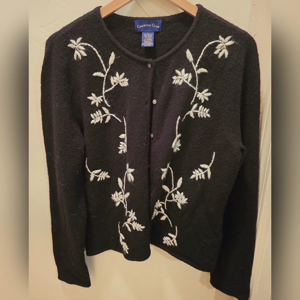 Charter Club Black Cardigan with White Floral Design Large